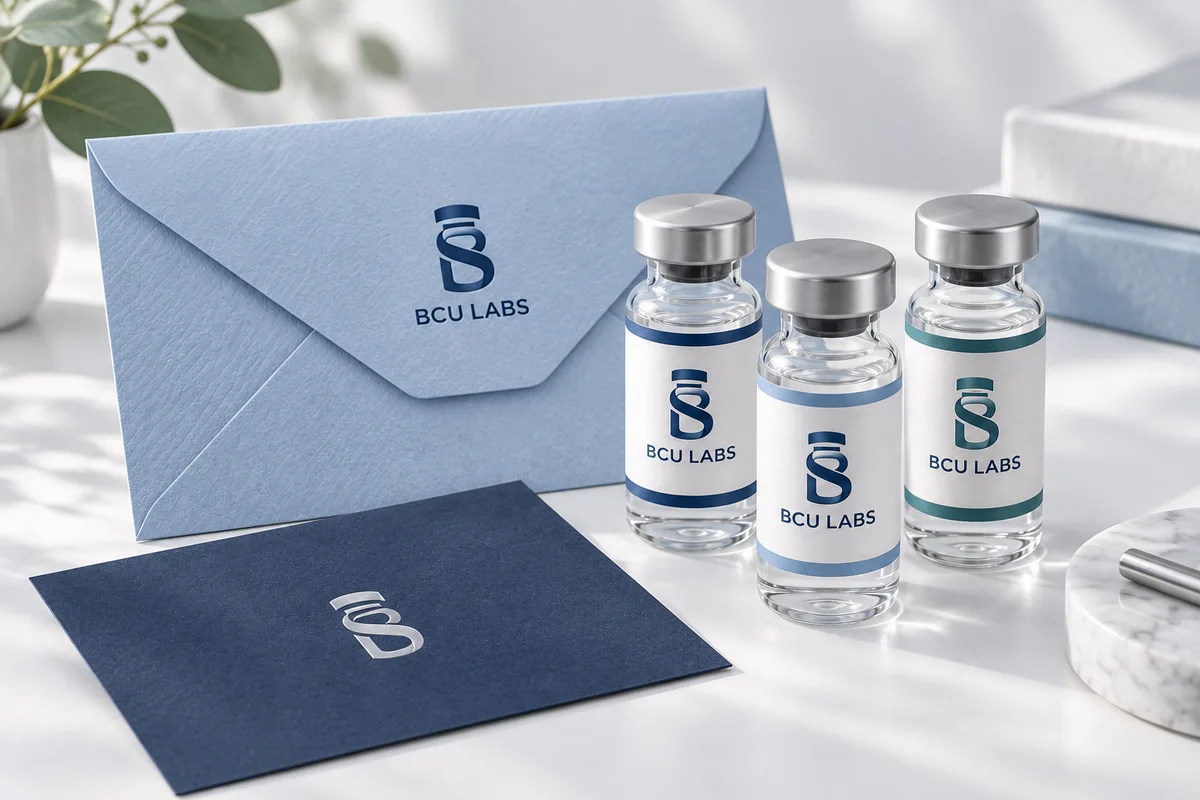 Three BCU Labs glass vials beside a neatly prepared support envelope